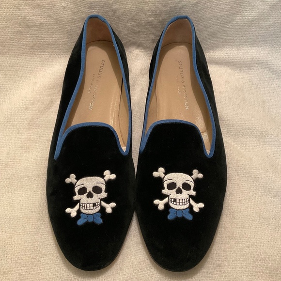 Stubbs & Wootton Skull Blue Bow Tie Black Velvet Loafer Slipper Mens Shoes Sz 13 - Picture 1 of 12